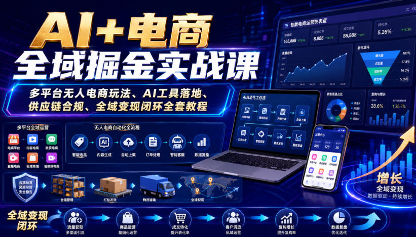 AI+电商全域掘金实战课｜多平台无人电商玩法、AI工具落地、供应链合规、全域变现闭环全套教程-紫橙资源网