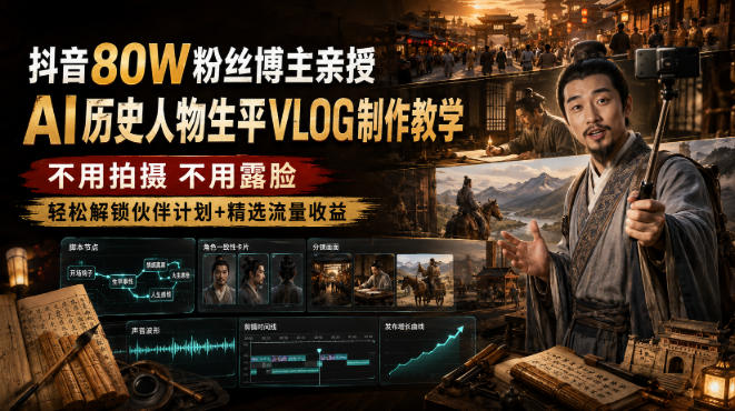 抖音80W粉丝博主的AI历史人物生平VLOG教学,不用拍摄不用露脸,AI帮你搞定,轻松解锁伙伴计划+精选收益-紫橙资源网