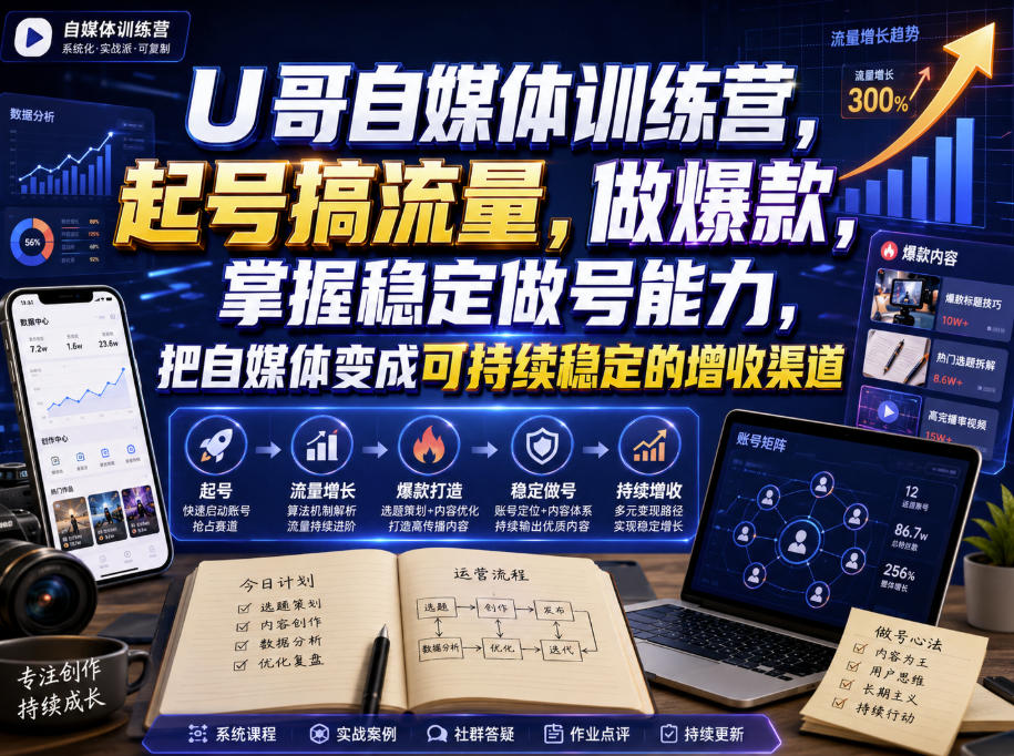 U哥自媒体训练营,起号搞流量,做爆款,掌握稳定做号能力,把自媒体变成可持续稳定的增收渠道-紫橙资源网