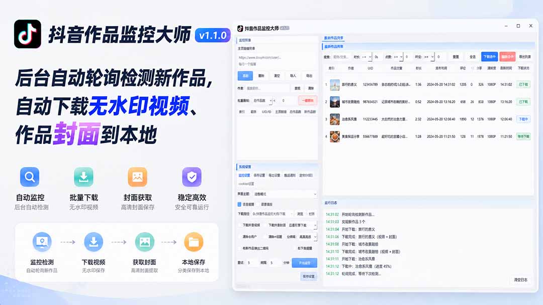 抖音作品监控大师v1.1.0:后台自动轮询检测新作品,自动下载无水印视频、作品封面到本地-紫橙资源网