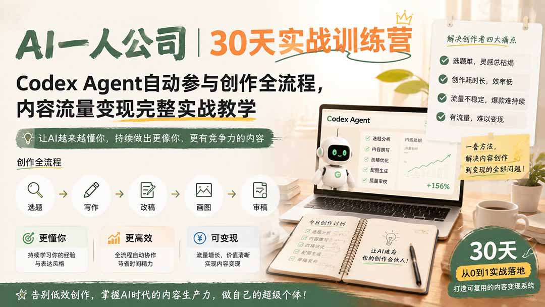 AI一人公司|30天实战训练营;Codex Agent自动参与创作全流程,内容流量变现完整实战教学-紫橙资源网