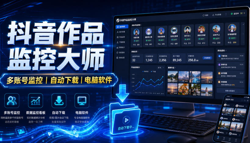 抖音作品监控大师,多账号监控丨自动下载丨电脑软件-紫橙资源网