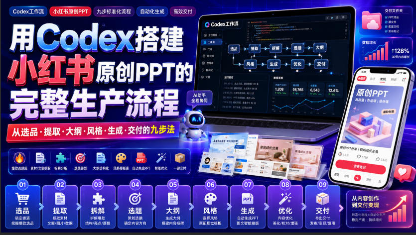 用Codex搭建小红书原创PPT的完整生产流程,从选品·提取·大纲·风格·生成·交付的九步法-紫橙资源网