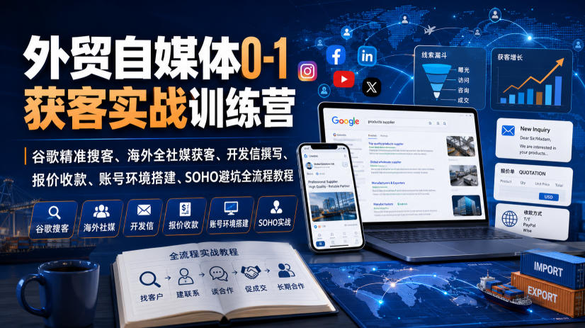 外贸自媒体0-1获客实战训练营|谷歌精准搜客、海外全社媒获客、开发信撰写、报价收款、账号环境搭建、SOHO避坑全流程教程-紫橙资源网
