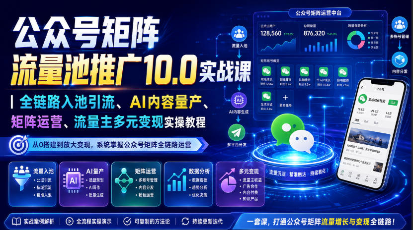 公众号矩阵流量池推广10.0实战课|全链路入池引流、AI内容量产、矩阵运营、流量主多元变现实操教程-紫橙资源网