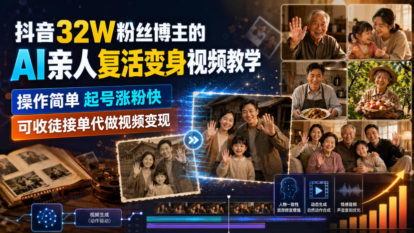 抖音32W粉丝博主的AI亲人复活变身视频教学,操作简单,起号涨粉快,可收徒接单代做视频变现-紫橙资源网