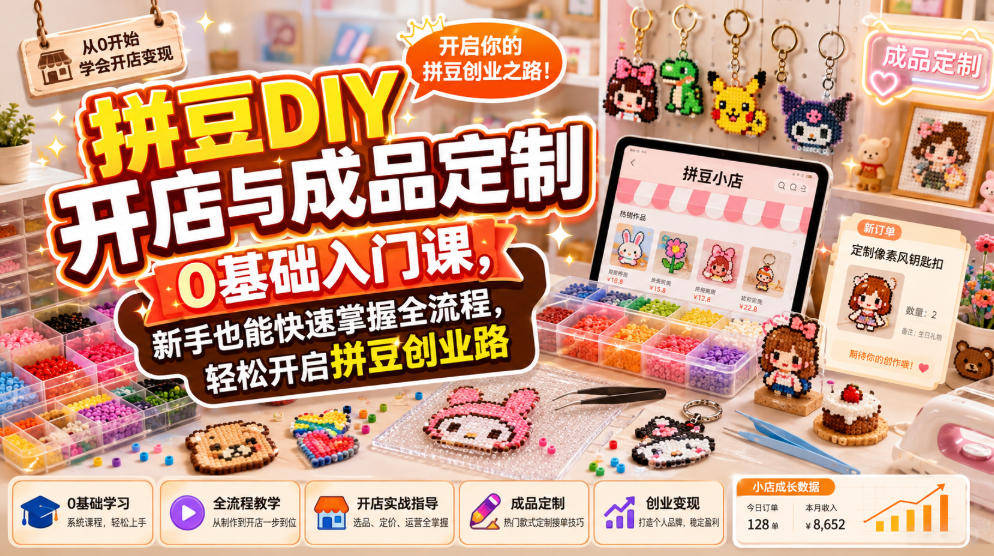 拼豆DIY开店与成品定制0基础入门课,新手也能快速掌握全流程,轻松开启拼豆创业路-紫橙资源网