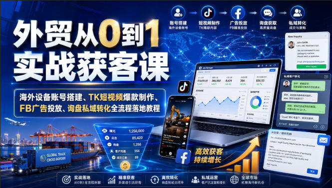 外贸从0到1实战获客课|海外设备账号搭建、TK短视频爆款制作、FB广告投放、询盘私域转化全流程落地教程-紫橙资源网