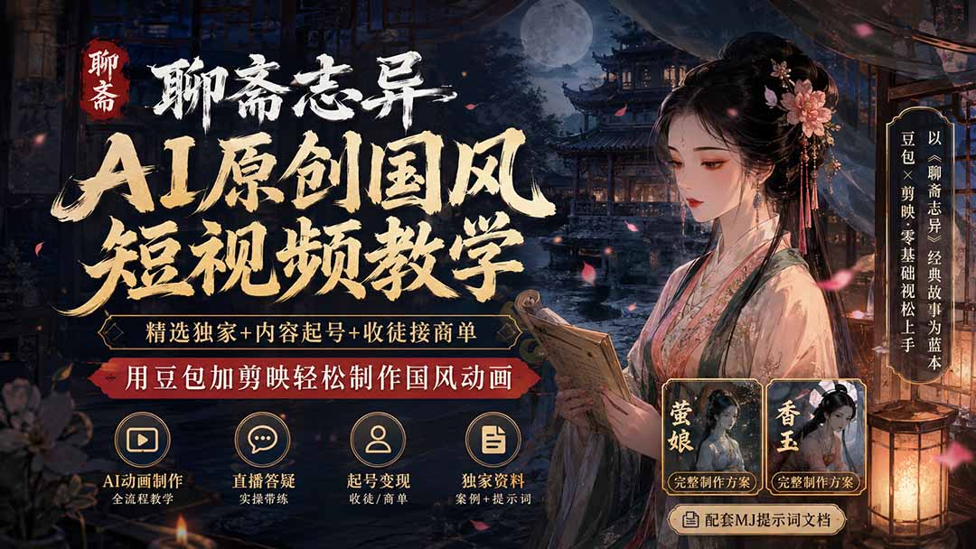 聊斋志异AI原创国风短视频教学;精选独家+内容起号+收徒接商单,用豆包加剪映轻松制作国风动画-紫橙资源网