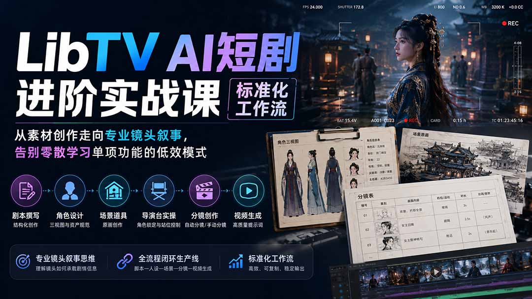 LibTV AI短剧进阶实操课标准化工作流;从素材创作走向专业镜头叙事,告别零散学习单项功能的低效模式-紫橙资源网