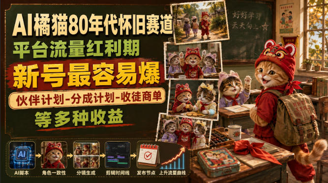 AI橘猫80年代怀旧赛道,平台流量红利期,新号最容易爆,伙伴计划-分成计划-收徒商单等多种收益-紫橙资源网