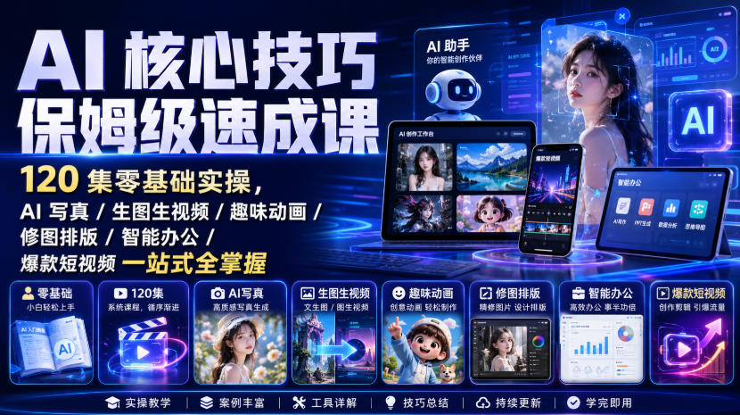 AI核心技巧保姆级速成课|120集零基础实操,AI写真/生图生视频/趣味动画/修图排版/智能办公/爆款短视频一站式全掌握-紫橙资源网
