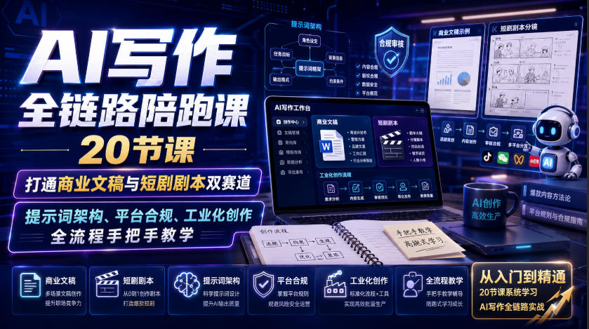 AI写作全链路陪跑课|20节课打通商业文稿与短剧剧本双赛道,提示词架构、平台合规、工业化创作全流程手把手教学-紫橙资源网