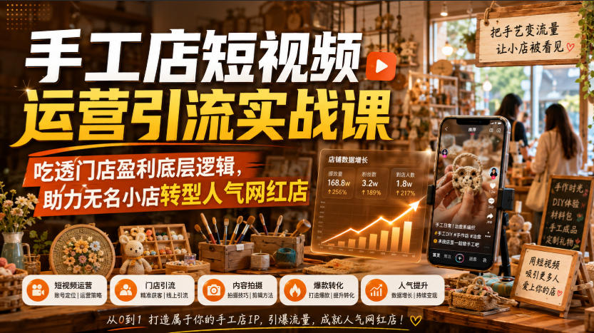 手工店短视频运营引流实战课,吃透门店盈利底层逻辑,助力无名小店转型人气网红店-紫橙资源网