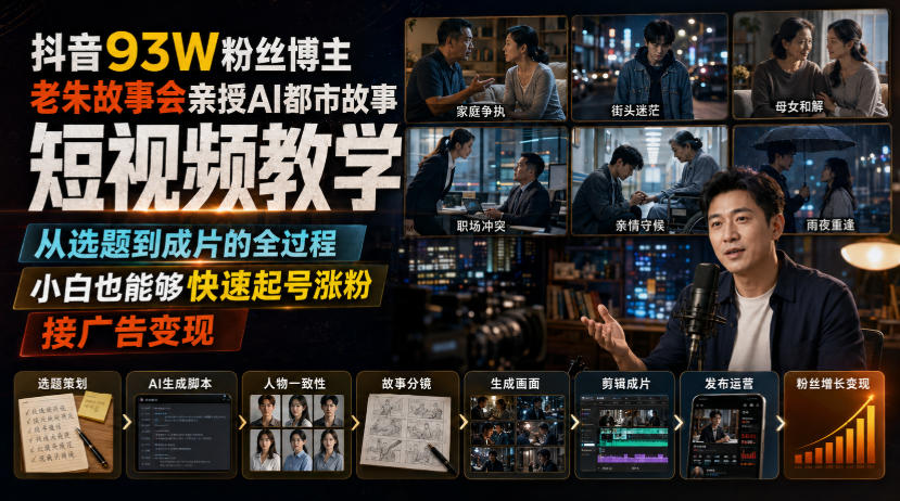 抖音93W粉丝博主老朱故事会亲授AI都市故事短视频教学,从选题到成片的全过程,小白也能够快速起号涨粉接广告变现-紫橙资源网