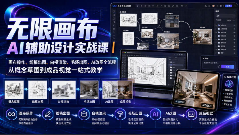 无限画布AI辅助设计实战课|画布操作、线稿出图、白模渲染、毛坯出图、AI改图全流程,从概念草图到成品视觉一站式教学-紫橙资源网