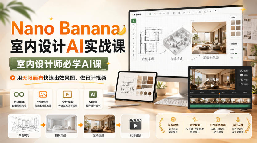 Nano Banana室内设计AI实战课,室内设计师必学AI课,用无限画布快速出效果图、做设计视频-紫橙资源网