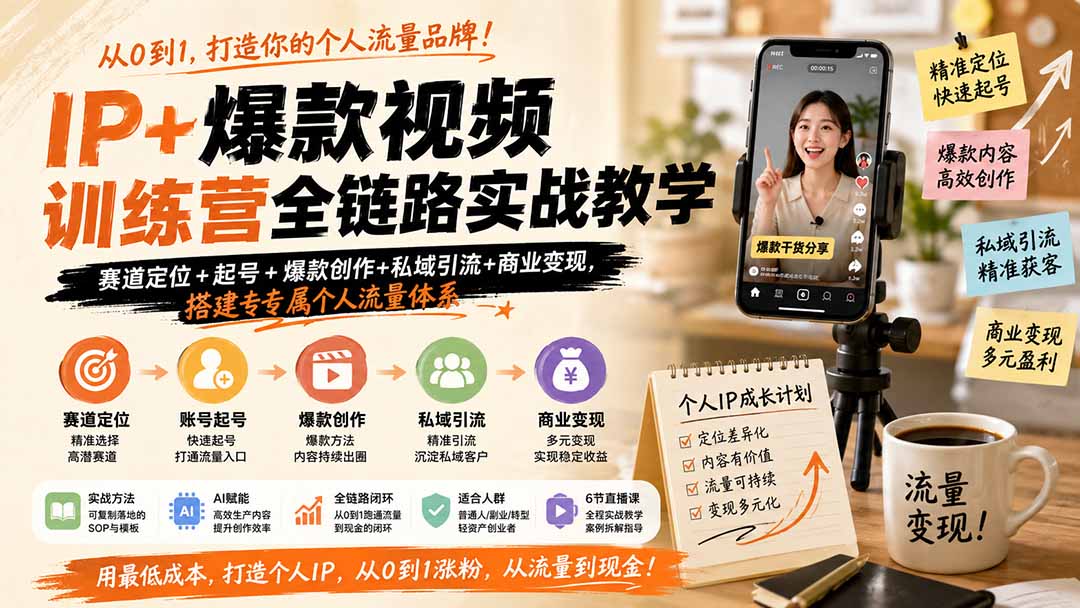 IP+爆款视频训练营全链路实战教学-更新;赛道定位+起号+爆款创作+私域引流+商业变现,搭建专属个人流量体系-紫橙资源网