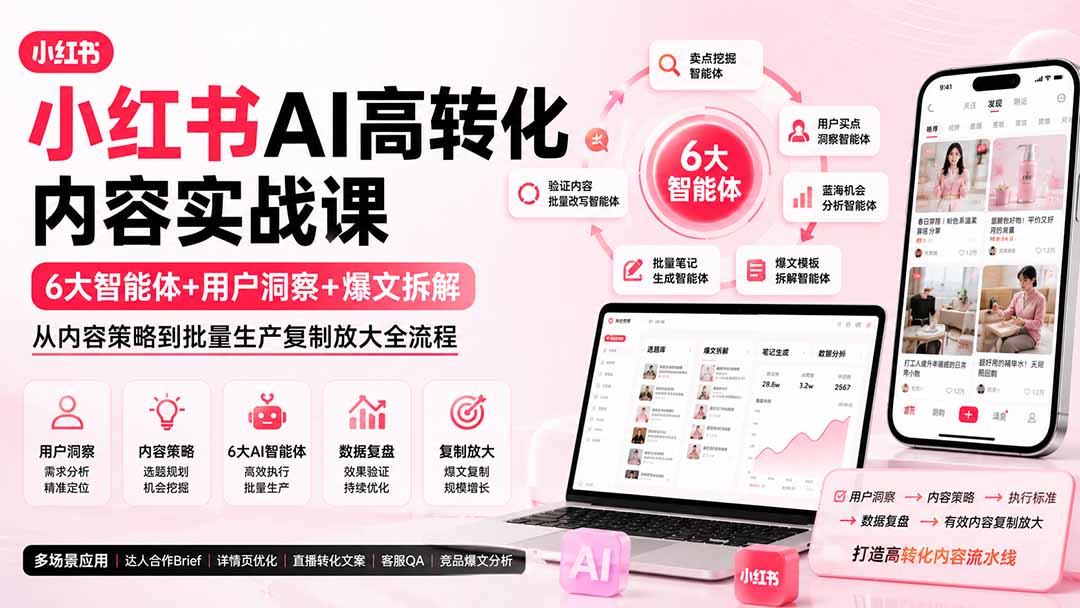 小红书AI高转化内容实战课:6大智能体+用户洞察+爆文拆解,从内容策略到批量生产复制放大全流程-紫橙资源网