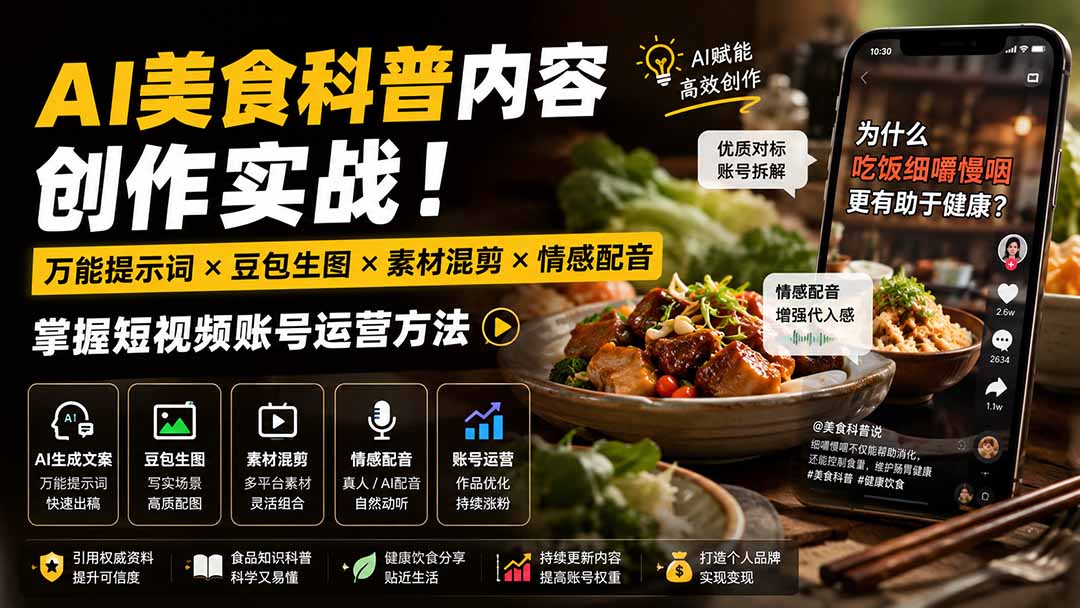 外面卖199元-AI美食科普内容创作实战!万能提示词×豆包生图×素材混剪×情感配音,掌握短视频账号运营方法-紫橙资源网