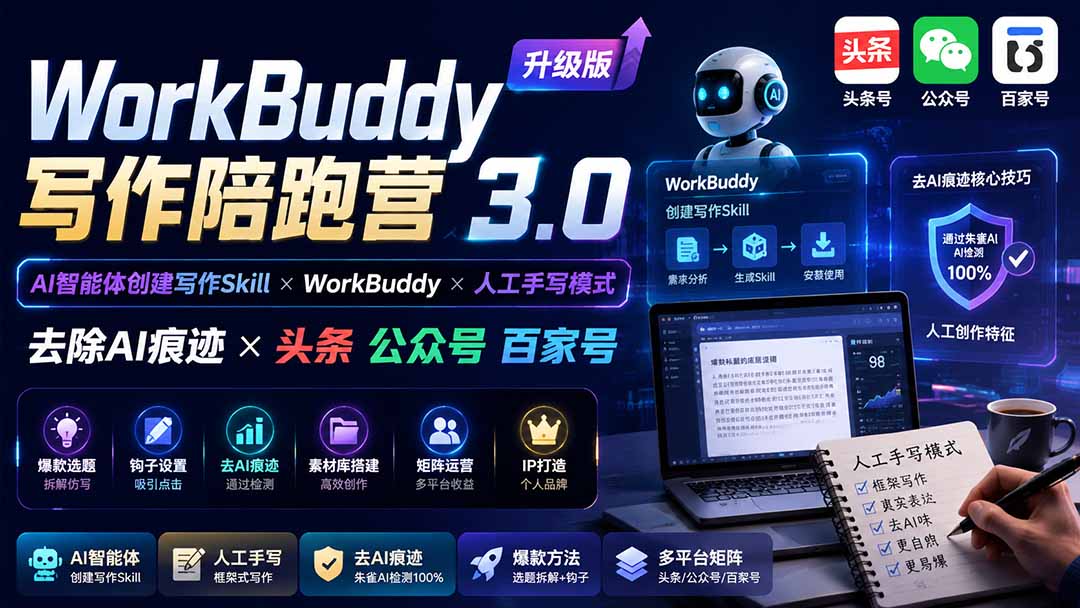 WorkBuddy写作陪跑营3.0-更新:Ai智能体创建写作Skill×WorkBuddy×人工手写模式×去除AI痕迹×头条公众号百家号-紫橙资源网