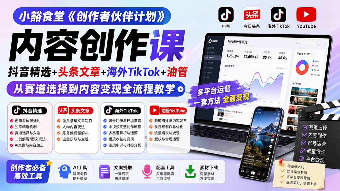 小豁食堂《创作者伙伴计划》内容创作课:抖音精选+头条文章+海外TikTok+油管,从赛道选择到内容变现全流程教学-紫橙资源网