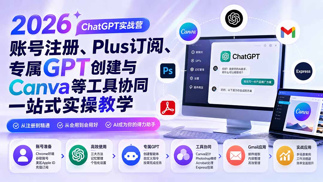 2026 ChatGPT实战营;账号注册、Plus订阅、专属GPT创建与Canva等工具协同一站式实操教学-紫橙资源网