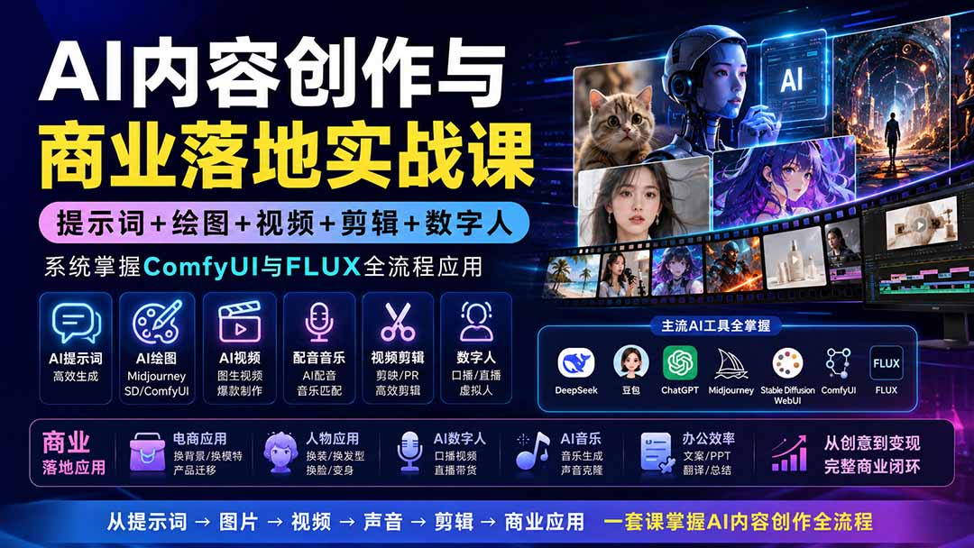 AI内容创作与商业落地实战课:提示词+绘图+视频+剪辑+数字人,系统掌握ComfyUI与FLUX全流程应用-紫橙资源网
