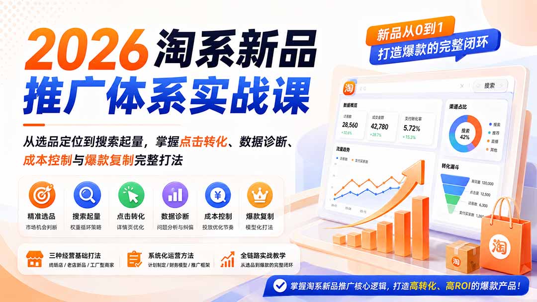 2026淘系新品推广体系实战课：从选品定位到搜索起量，掌握点击转化、数据诊断、成本控制与爆款复制完整打法-紫橙资源网