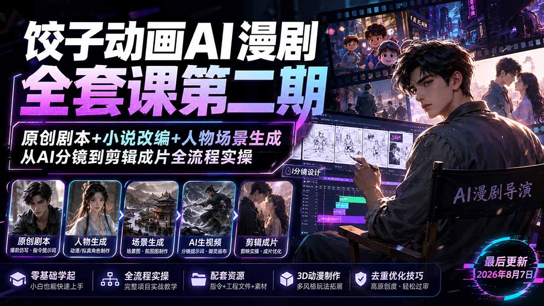 饺子动画AI漫剧全套课第二期:原创剧本+小说改编+人物场景生成,从AI分镜到剪辑成片全流程实操-紫橙资源网
