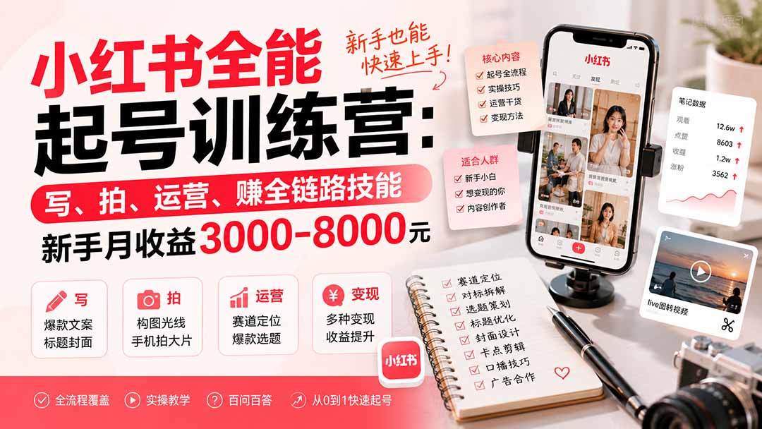 小红书全能起号训练营-更新:写、拍、运营、赚全链路技能,新手月收益3000-8000元-紫橙资源网