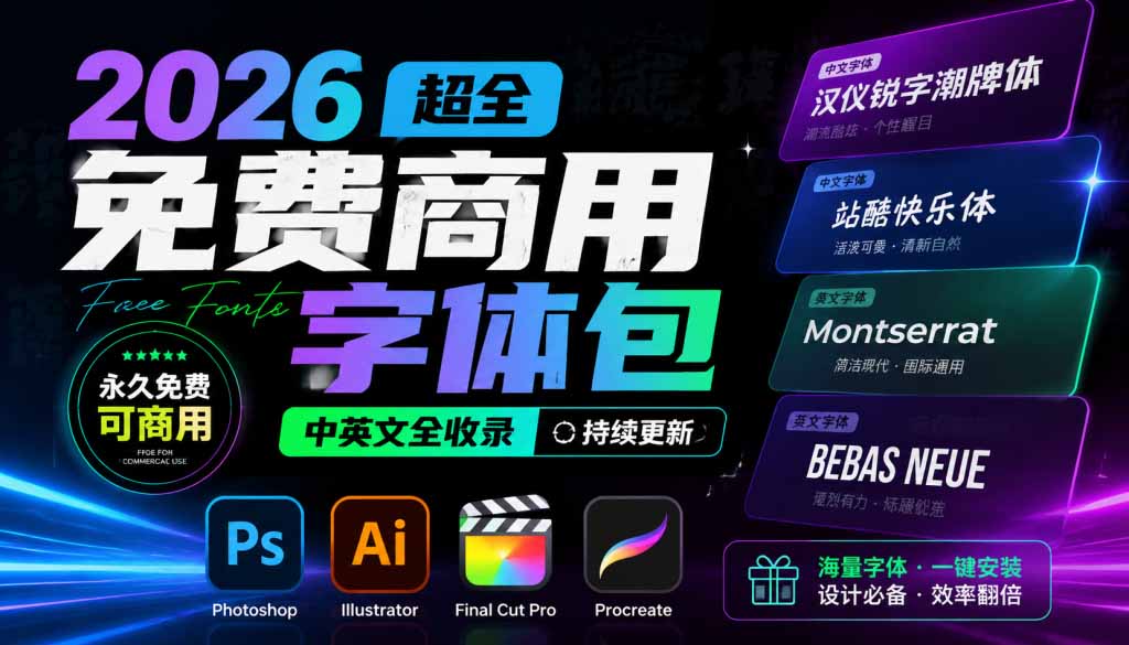 2026超全免费商用字体包字体中英文，涵盖ps/ai/fcpx/procreate 字库-紫橙资源网