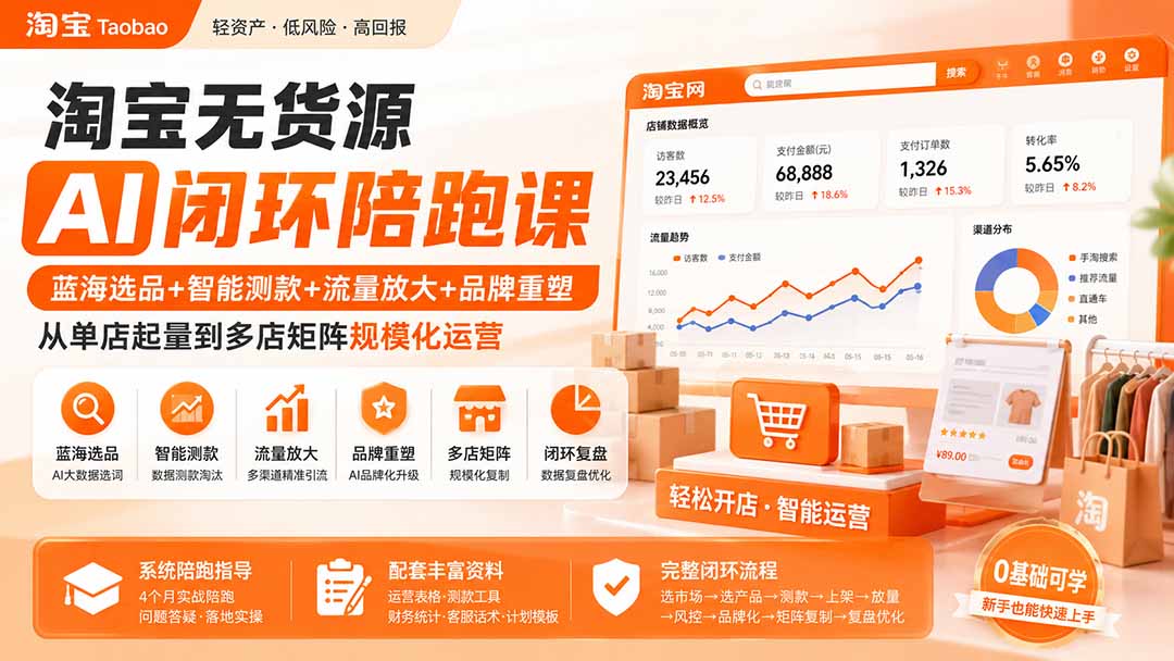 淘宝无货源AI闭环陪跑课:蓝海选品+智能测款+流量放大+品牌重塑,从单店起量到多店矩阵规模化运营-紫橙资源网