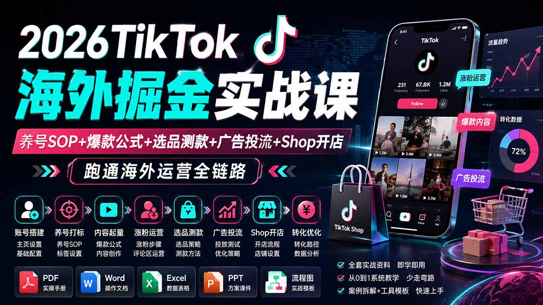 2026TikTok海外掘金实战课——养号SOP+爆款公式+选品测款+广告投流+Shop开店,跑通海外运营全链路-紫橙资源网