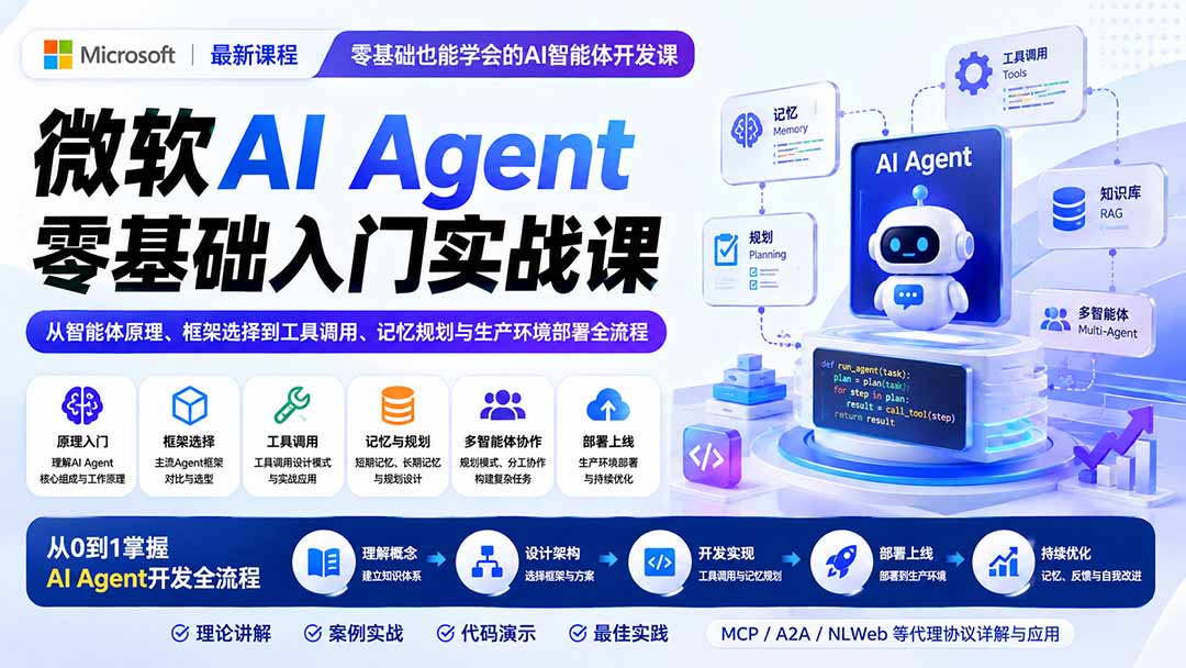 微软AI Agent零基础入门实战课:从智能体原理、框架选择到工具调用、记忆规划与生产环境部署全流程-紫橙资源网