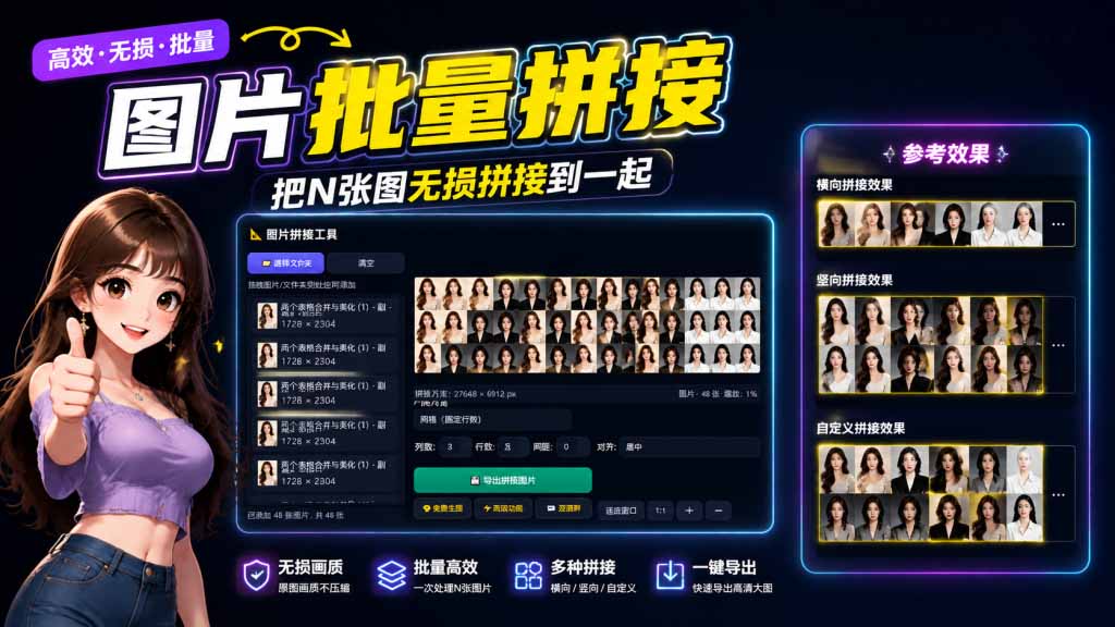 图片批量拼接,把N张图无损拼接到一起,支持横向、竖向、自定义等功能-紫橙资源网
