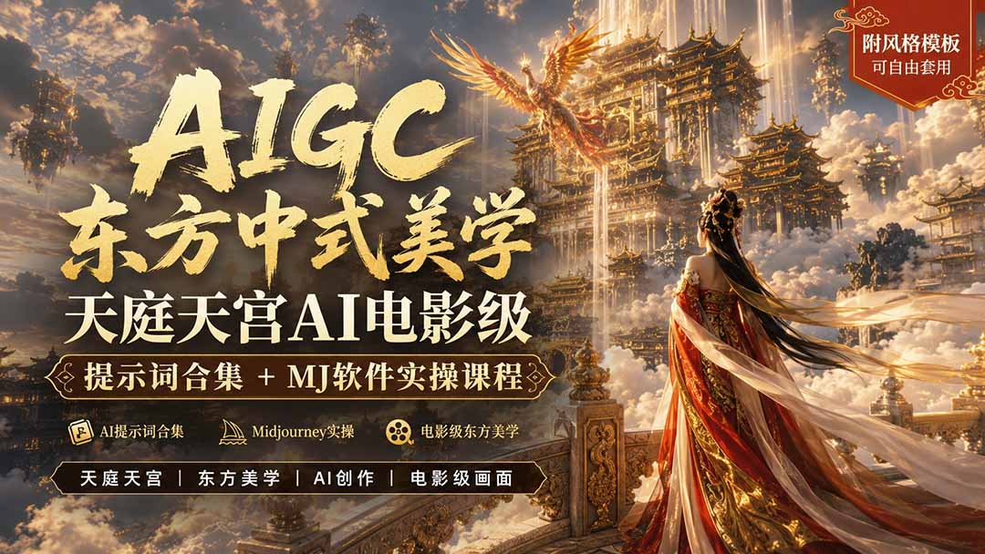 AIGC东方中式美学天庭天宫AI电影级提示词合集+MJ软件实操课程-紫橙资源网