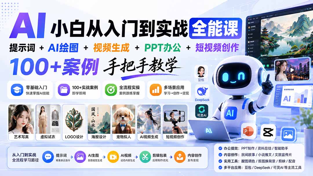 AI小白从入门到实战全能课:提示词+AI绘图+视频生成+PPT办公+短视频创作,100+案例手把手教学-紫橙资源网