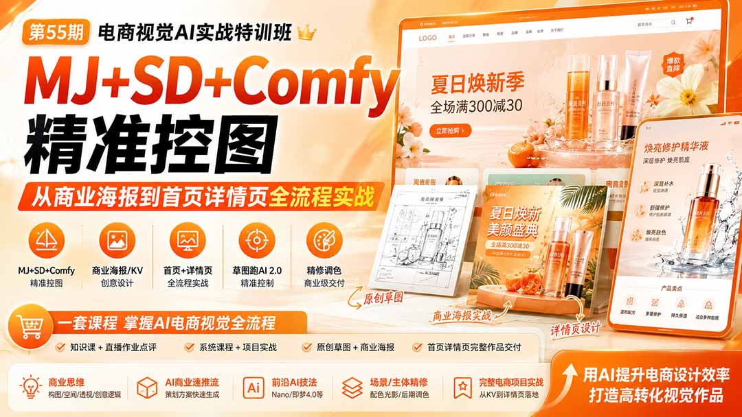 电商视觉 AI实战训练营第55期:MJ+SD+Comfy精准控图,从商业海报到首页详情页全流程实战-紫橙资源网