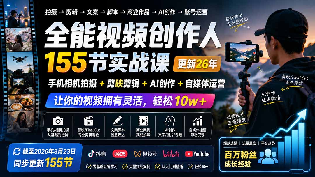 全能视频创作人155节实战课-更新26年8月:手机相机拍摄+剪映剪辑+AI创作+自媒体运营,让你的视频拥有灵活,轻松10w-紫橙资源网