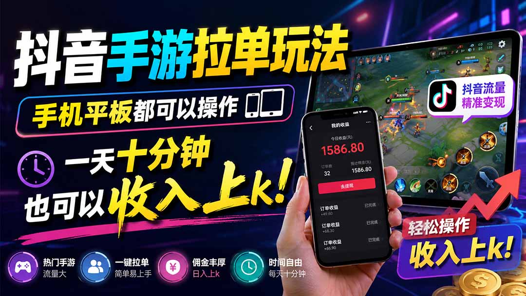 抖音手游拉单玩法,手机平板都可以操作,一天十分钟也可以收入上k!-紫橙资源网