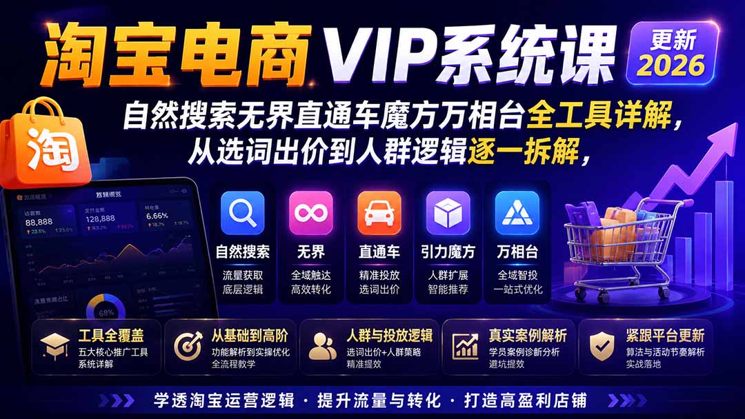 淘宝电商VIP系统课-更新8月；自然搜索无界直通车魔方万相台全工具详解，从选词出价到人群逻辑逐一拆解-紫橙资源网