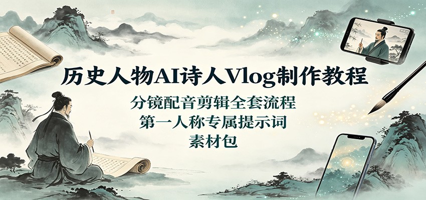 历史人物AI诗人Vlog制作教程：分镜配音剪辑全套流程，第一人称专属提示词素材包-紫橙资源网
