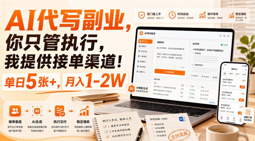 AI代写副业,你只管执行,我提供接单渠道!单日5张+,月入1-2W-紫橙资源网