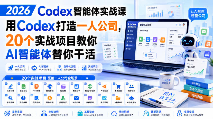 2026 Codex智能体实战课,用Codex打造一人公司,20个实战项目教你AI智能体替你干活-紫橙资源网