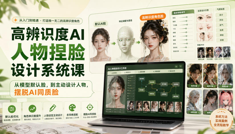 高辨识度AI人物捏脸设计系统课，从模型默认脸，到主动设计人物，摆脱AI同质脸-紫橙资源网