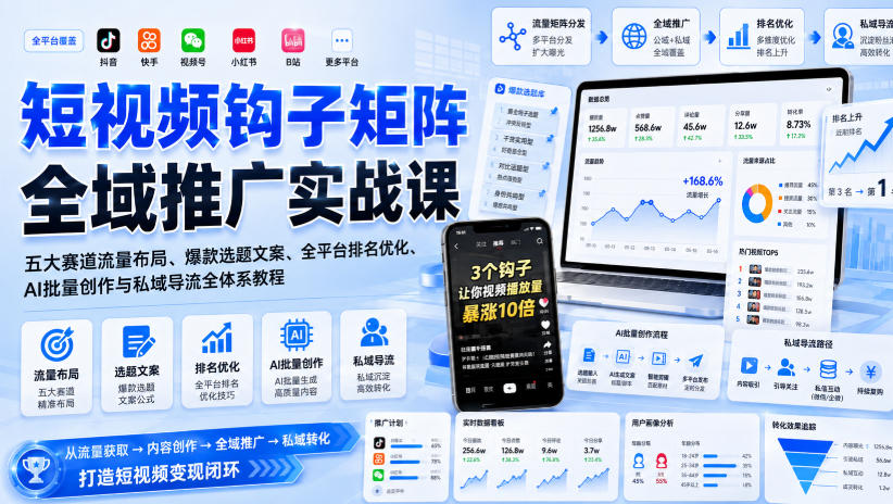 短视频钩子矩阵全域推广实战课｜五大赛道流量布局、爆款选题文案、全平台排名优化、AI批量创作与私域导流全体系教程-紫橙资源网