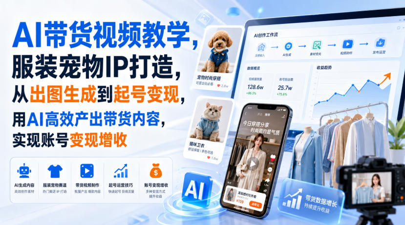 AI带货视频教学，服装宠物IP打造，从出图生成到起号变现，用AI高效产出带货内容，实现账号变现增收-紫橙资源网