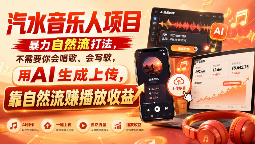 汽水音乐人项目，暴力自然流打法，不需要你会唱歌、会写歌，用AI生成上传，靠自然流賺播放收益-紫橙资源网