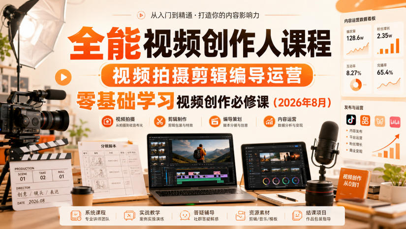 全能视频创作人课程，视频拍摄剪辑编导运营，零基础学习视频创作必修课（2026年8月）-紫橙资源网